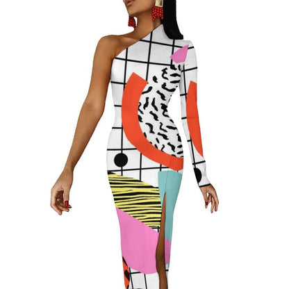 Memphis Retro Maxi Dress Long Sleeve Geometric Colorful Cute Bodycon Dress High Slit Streetwear Long Dresses Print Vestido