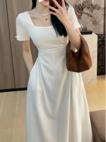 vmtvr Elegant Women Fashion A-Line Solid Chic Party Dress Vintage Casual Summer Birthday Prom Vestidos Female Clothes Lady Robe Mujers