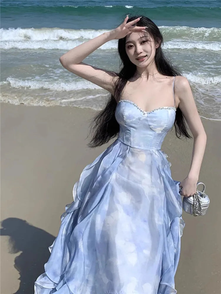 Fashion 2024 Summer Blue Fairy Midi Holiday Dress Ruffles Sexy Strap Slip Dress Sleeveless Vacation Beach Seaside Photo Skirt