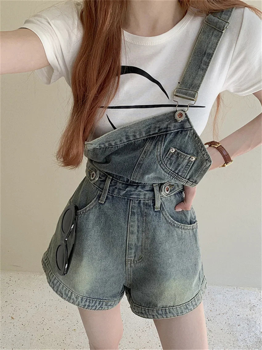 vmtvr OL Stylish New Overalls Shorts Denim Summer Loose Chic Wide Leg Vintage Office Lady Slim Jeanswear All Match