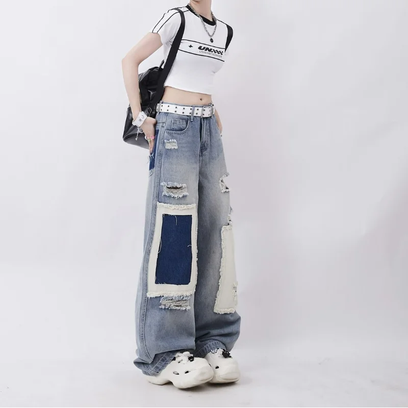 vmtvr Women Patched Oversized Hole Jeans Pockets Spring Summer Hip Hop Pants High Street Trend Design Loose Straight Wide Leg Trousers