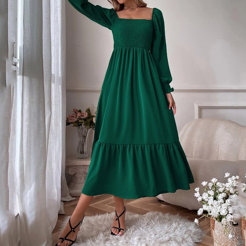 Women Maxi Dress Fashion Square Neck Long Flare Sleeve Nipped Waist Slim Ruffle Party Evening Dresses High Streetwear