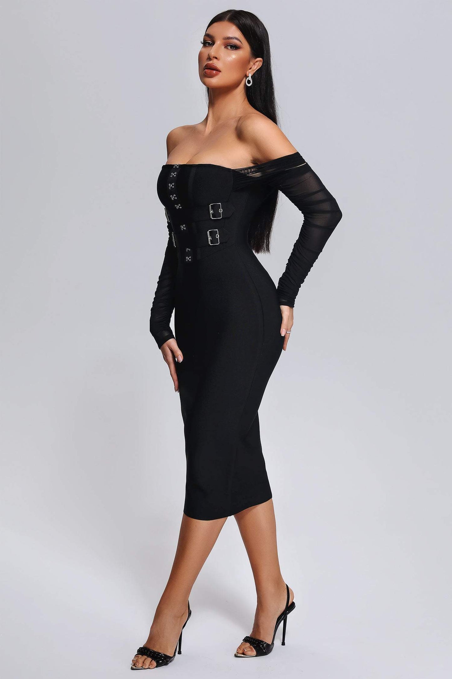 vmtvr - 2023 New Black Color Women Mesh Long Sleeve Sexy Off the Shoulder Bodycon Mid-calf Dress Bandage Elegant Evening Party Dress