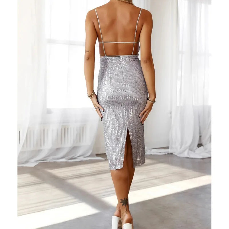 vmtvr 2024 Women's Summer Elegant Glitter Sequin Shiny Slit Dress Sexy Square Neck Backless Hip Bodycon Evening Party Clubwear Dresses