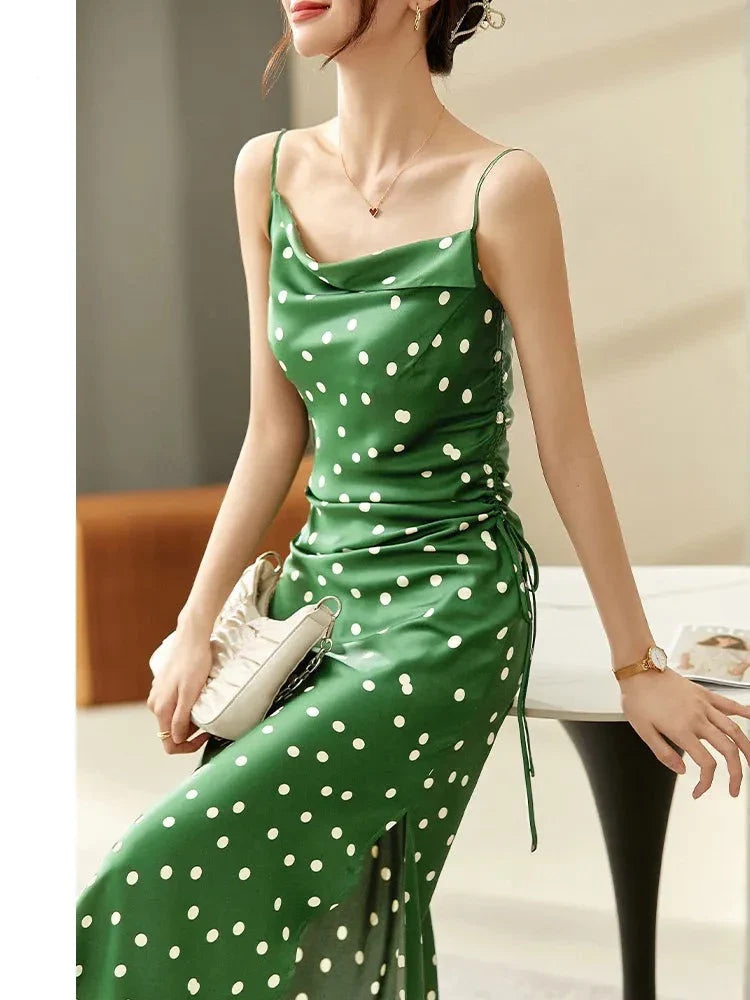 vmtvr - Summer Green Polka Dot Sexy Sundress for Women 2024 Elegant Dresses Shirring Lace-Up Sleeveless Midi Beach Dress