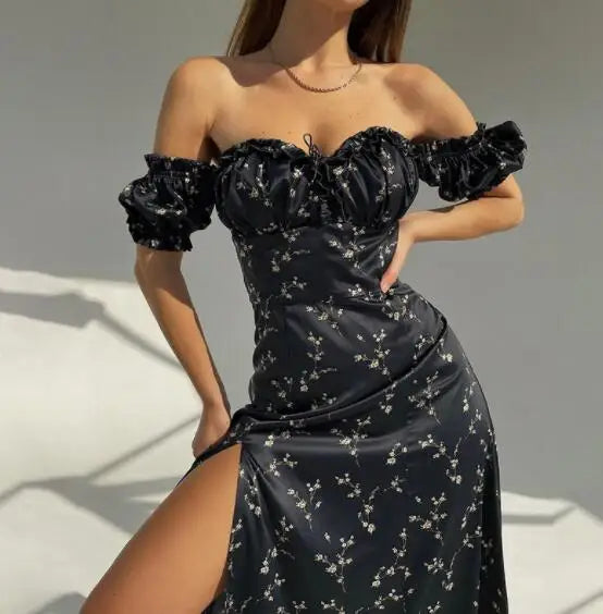 vmtvr  -  Summer Floral Off Shoulder Puff Sleeve Dress For Woman Robe Sexy Lace Up Side Split Chic Mid-Calf Aesthetic Dresses w595