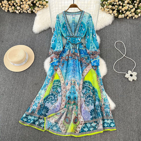 Spring Autumn Elegant Blue Maxi Dresses for Women Printed Boho Chiffon Thin Female Long Robe Beach Vacation Deep V-Neck Sexy New