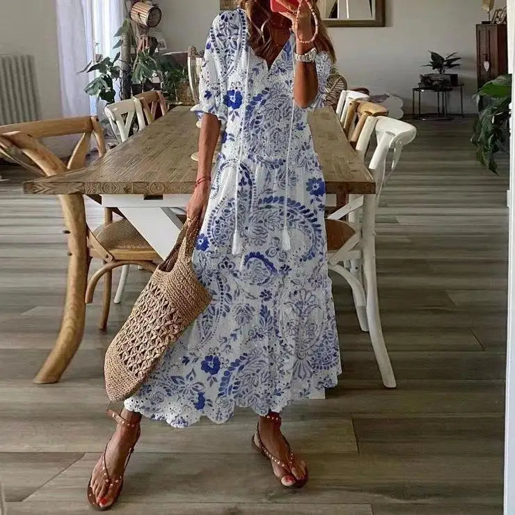 vmtvr  -  Casual Hollow Out V Neck White Lace Maxi Dress Vintage A-line Loose Embrioderied Floral Print Bohemian Long Sundress