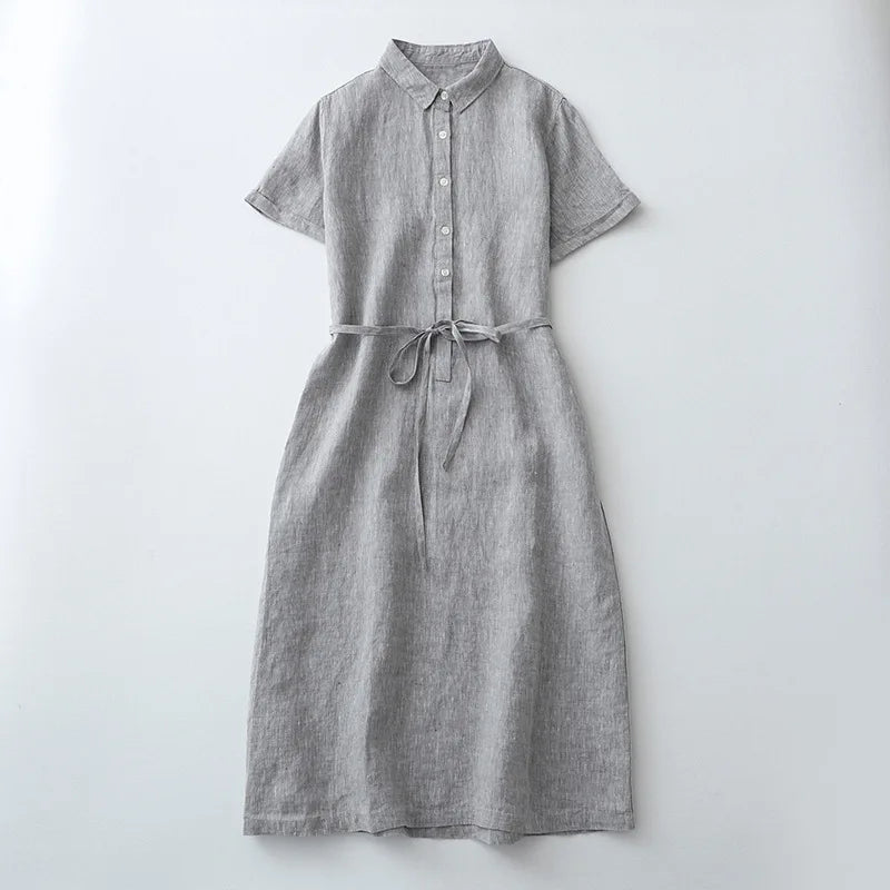 vmtvr  -  Linen Dress with Shirt Neckline - Women's Spring/Summer Basic Tee - Comfortable Cotton-Linen Blend, Essential Dress Style