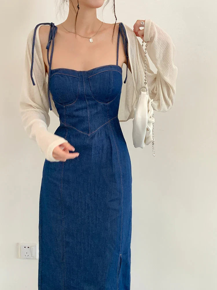 vmtvr Vintage Women Blue Elegant Denim Bandage Slip Dress High Waist Sleeveless A-line Split Jean Midi Dresses Summer Backless Fashion