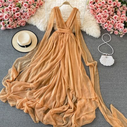 vmtvr - Autumn Khaki/White Bandage Chiffon Long Dress Sexy Deep V-Neck Sleeveless High Waist Vestidos Vacation Beach Maxi Robe  New