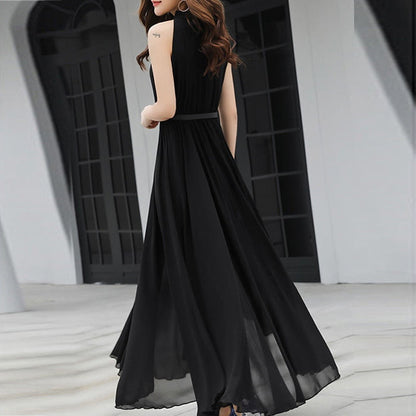 Simple Elegant Ladies Sleeveless Black Red Chiffon Long Dresses Women&#39;s Summer Fashion Ruffled Halter High Waist Maxi Dress Robe