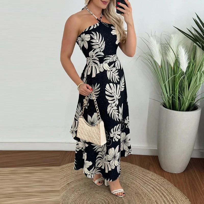 vmtvr Sexy Halter Hollow Sleeveless Holiday Dress New 2024 Summer Floral Print Ruffle Long Dress Fashion Backless Slim Party Dresses