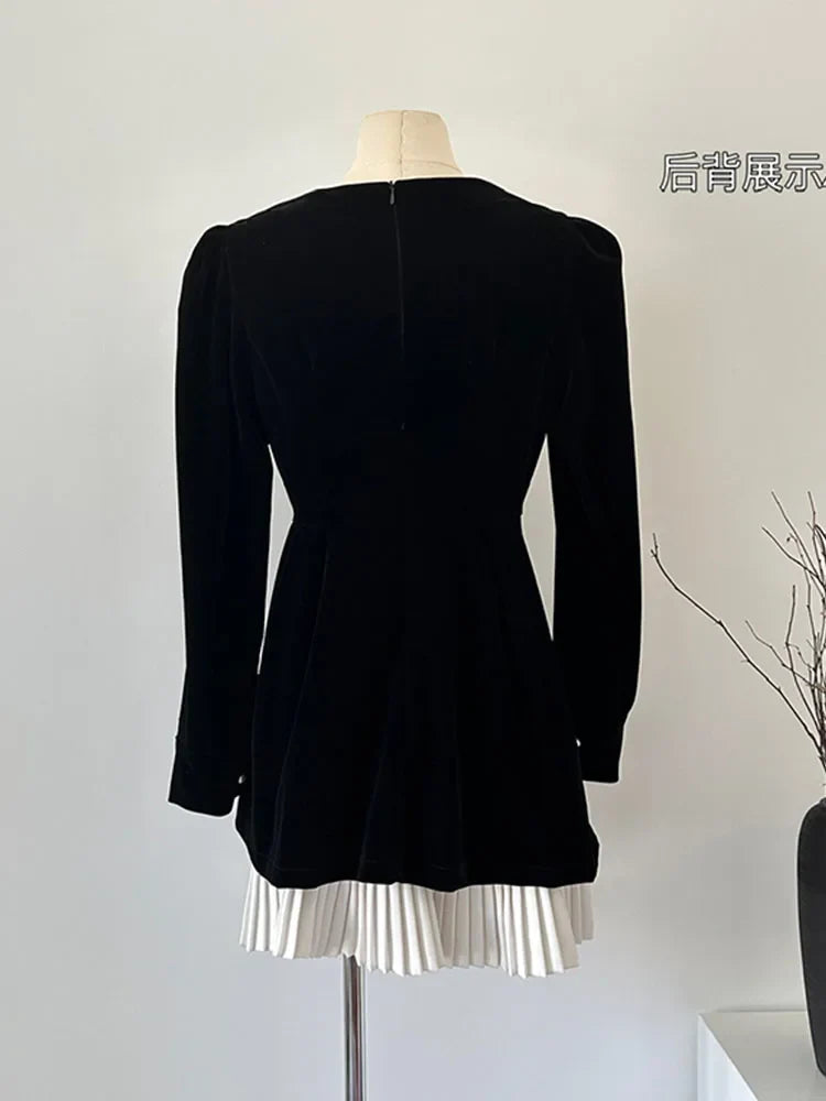 vmtvr New Design Black One-Piece Frocks Puff Sleeve Square Collar A-Line Dress Office Lady Autumn Winter Slim Fit Robe French Elegant