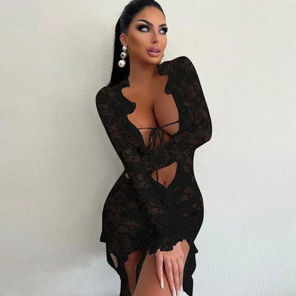 vmtvr Fashion Lace Trim Sheer Tie Front Mini Dress Long Sleeve Fringe Outfits for Women Club Party Sexy Bodycon Dresses