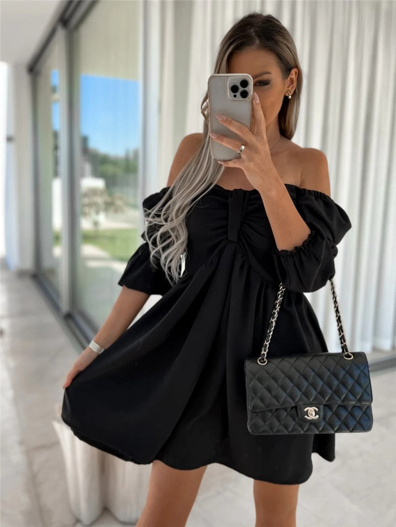 Women Elegant Lantern Half Sleeve Strapless Dress Sexy Off Shoulder Bow Pleat Loose Mini Dress Summer Casual Solid Beach Dress