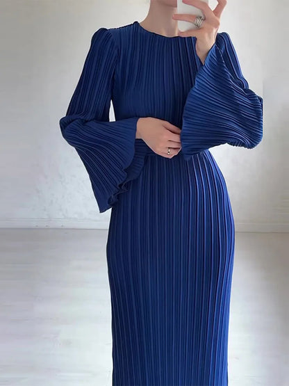 vmtvr  -  Elegant Pleated Maxi Dresses Women Fashion Belt Solid Flare Sleeve O-neck Dress Female Spring Summer Ruffles Robe Outwear