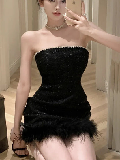 vmtvr  -  HotSweet Korean Sexy Club Strapless Tweed Short Dress For Women Summer Luxury Diamond Small Fragrant Evening Party Dress