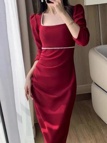 vmtvr Autumn Fashion Vintage Women Red Dress Sexy Bodycon Slim Party Wedding Dresses Chic Elegant Female Clothes Robe Vestidos