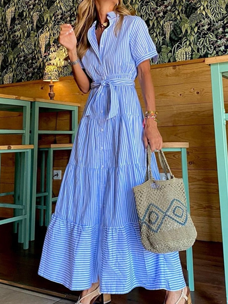 Women Elegant Striped Short Sleeve Maxi Dress New Fashion Lace-Up Belt Party Dress Sexy Loose Hem Shirt Long Dress Vestidos