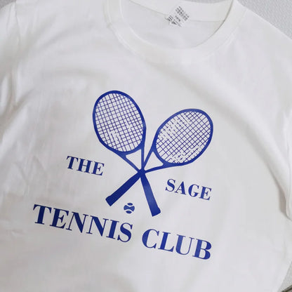 -Retro sports style outfit streetwear 90s fashion The Sage Tennis Club American Vintage Style White Shirts For Women Short Sleeve Loose Cotton Summer Tops Ins Fashion Tees