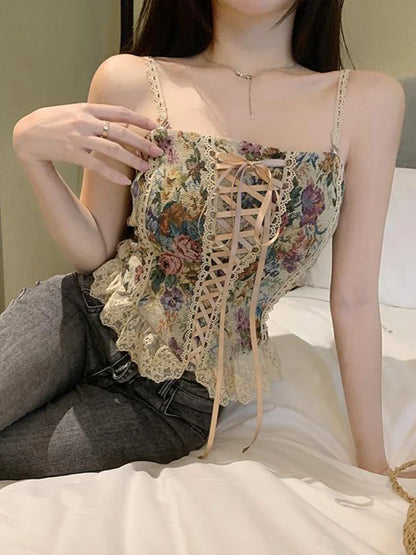 vmtvr France Vintage Print Sleeveless Tops Women Lace Elegant Party Princess Strap Top Female Korean Style Sweet Clothing Summer