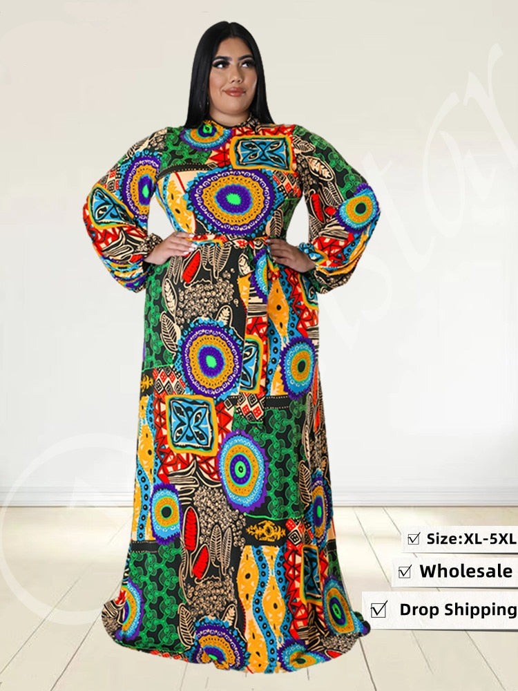 Wmstar Plus Size Party Dresses for Women Fall Clothes  Long Sleeve Printed  Africa Maxi Long Dress New Wholesale Dropshipping