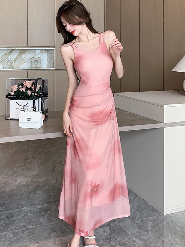 vmtvr 2024 Korean Vintage Luxury Dance Party Long Dress Summer Pink Floral Chif Sling Sexy Dresses Women Elegant Bodycon Vestidos Prom