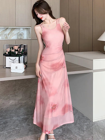 vmtvr 2024 Korean Vintage Luxury Dance Party Long Dress Summer Pink Floral Chif Sling Sexy Dresses Women Elegant Bodycon Vestidos Prom