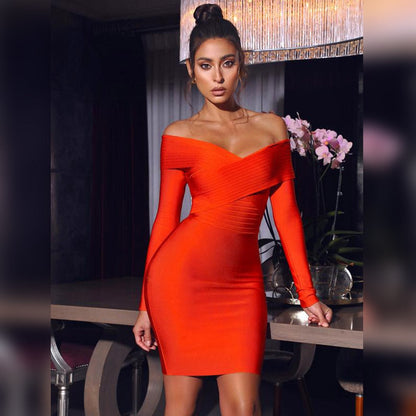 New 2022 Red Black Off Shoulder Bandage Dress Mini V-Neck Long Sleeve Bodycon Celebrity Hot Style Party Women Elegant Vestidos