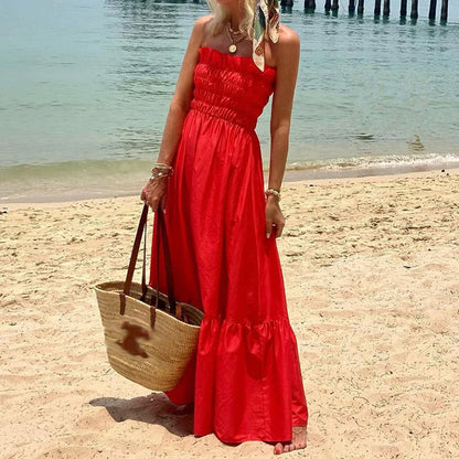 vmtvr Women Sexy Pleated Elastic Strapless Long Dress Vintage Summer Solid Slim A-Line Beach Dress Fashion Holiday Maxi Party Dresses