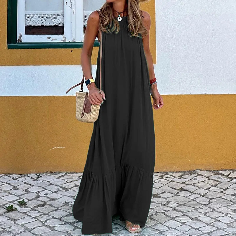 vmtvr Holiday Beach Solid Loose Boho Maxi Dress Women Sexy Halter Off Shoulder Long Party Dress Spring Summer Sleeveless Pleated Dress