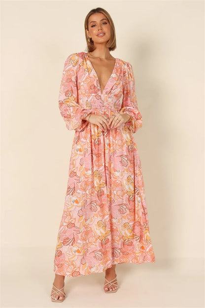 Red Dot Print Boho Long Chiffon Summer Beach Elegant Midi Women's Dress Floral V-Neck Folds Ruffles Wrap Dresses Split Vestidos