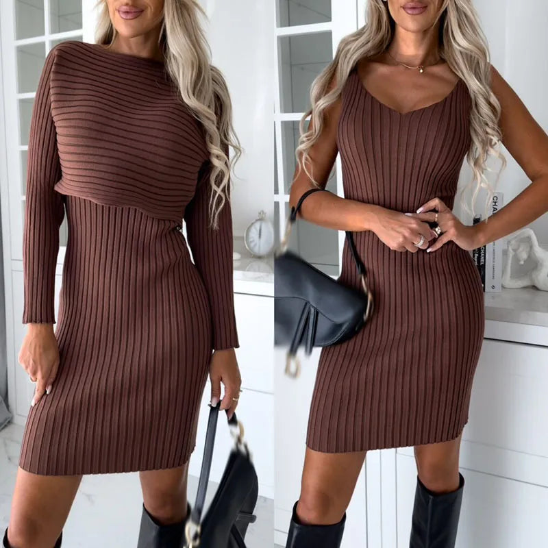 vmtvr Fall Winter Solid Rib Knitted Two-piece Women Set Dress New V-neck Slim Bodycon Dress With Top Pullover Long Sleeve Office Dress