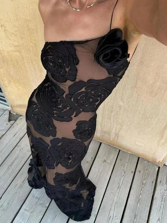 Elegant Floral Appliques Maxi Dress for Women Sexy One Shoulder Sheer Slim Party Dresses 2024 Fashion Holidays Club Party Dress