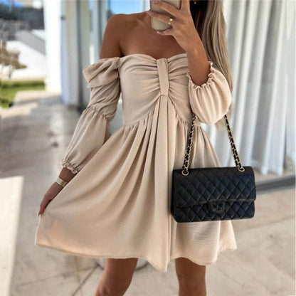 Women Elegant Lantern Half Sleeve Strapless Dress Sexy Off Shoulder Bow Pleat Loose Mini Dress Summer Casual Solid Beach Dress