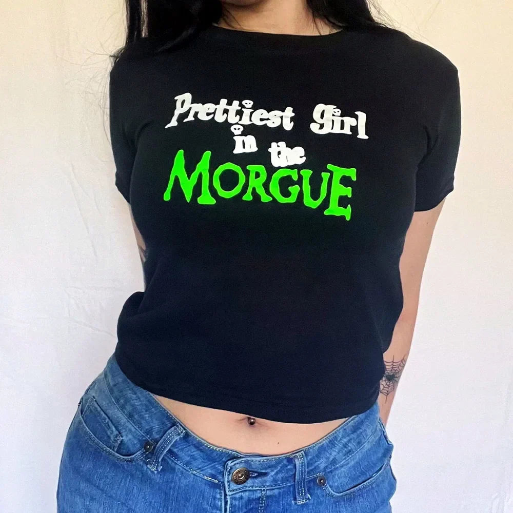 -Retro sports style outfit streetwear 90s fashion Prettiest Girl in The Morgue Black Baby Tees Summer Slim Cotton Sexy Crop Tops for Women Street Fashion Grunge Y2K T Shirts