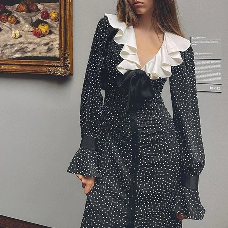 vmtvr  -  French Style Polka Dot Print Long Dress Women Spring V-neck Ruffle Bowknot Split Party Dress Fall Long Sleeve Button Shirt Dress