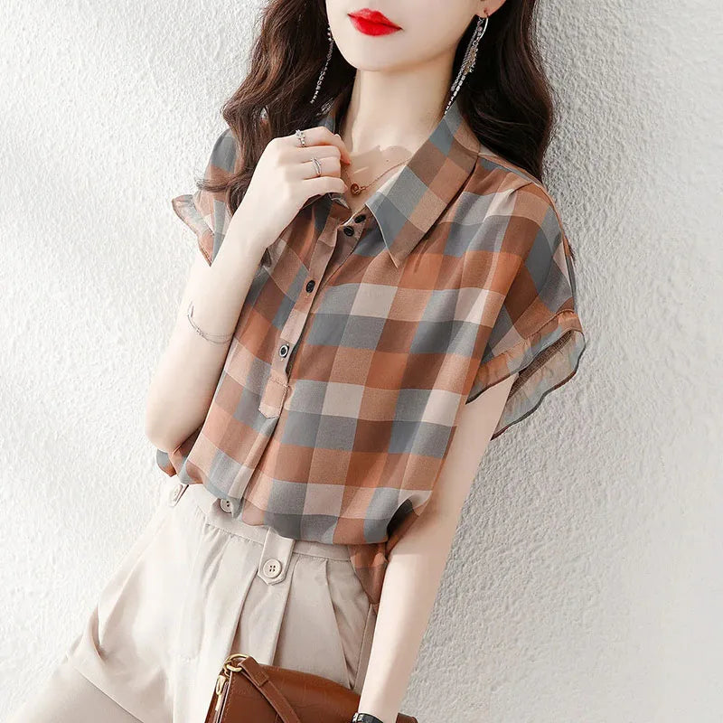 vmtvr Elegant Women Plaid Shirts Summer Korean Fashion Streetwear Female Loose Short Sleeve Tops Y2K All Match Casual Blouse