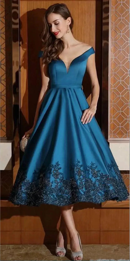 vmtvr  -  Elegant A-line length bridal dress Mother Tea Formal Party Fashion V-neck off-the-shoulder party evening dress with applique