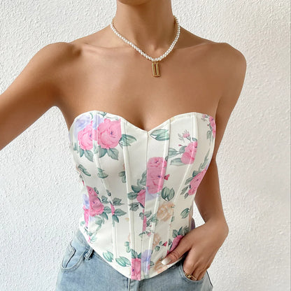 vmtvr Women's Summer Floral Printed Corset Tops Sexy Strapless Bodyshaper Bustier Crop Top Female Fashion Slim Back Hook Tank Tops