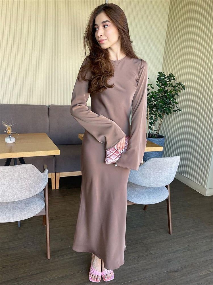 Tossy Satin Fashion Slim Maxi Dress For Women Long Sleeve High Waist Elegant Solid Party Dress Casual Luxury Ladies Summer Dress