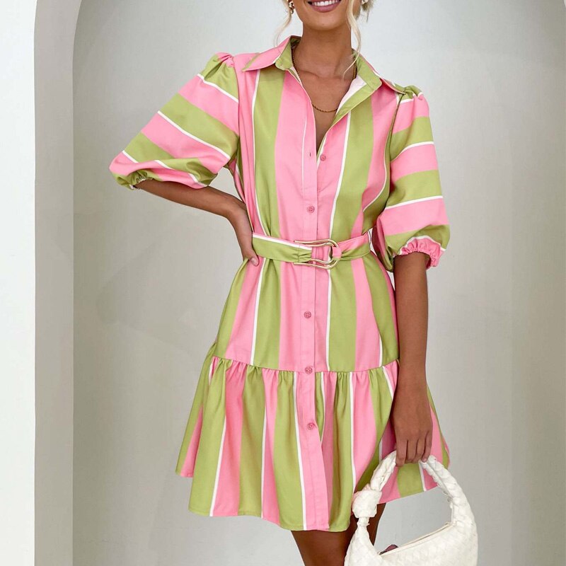 vmtvr - Fashion Striped Print Button Shirt Dress Women Casual Lantern Sleeve Mini Dress Elegant Loose Ladies Belted A-Line Beach Dresses