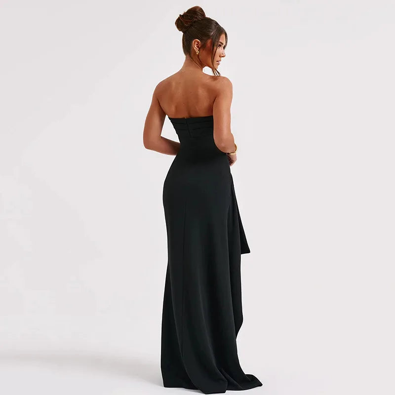 Off Shoulder Elegant High Rise Split Maxi Dress Club Outfits for Women Sexy Strapless Evening Dresses Ruched Gown