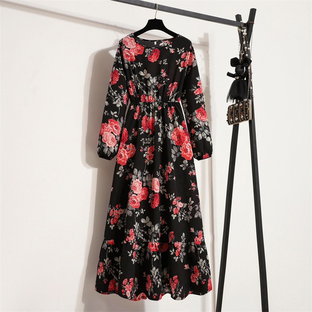 Women Floral Printed Maxi Dresses Spring Summer Casual O Neck Full Sleeve High Waist A Line Boho Beach Party Long Dress Vestidos