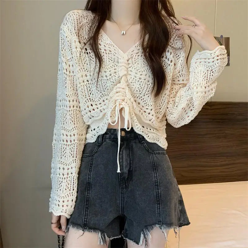 vmtvr Korean Simple Hollow Out Drawstring Knit Sweaters Women Spring Summer Solid V-Neck Lace Up Sweet and Spicy Sexy Design Short Top