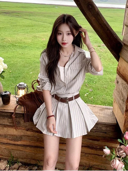 vmtvr Long Sleeve Striped Shirt Dress Female Long Sleeve Autumn 2000s Vintage Y2k Slim Dress Office Lady Party One Piece Dress Korean