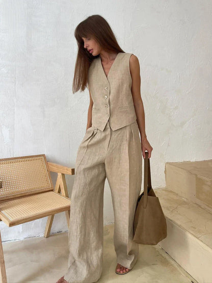 vmtvr Womem Linen Cotton Chic Vest ＆ Pants Suit Two-Piece Set Office Ladies Summer Chic 2 Piece Sets Womens Outfits