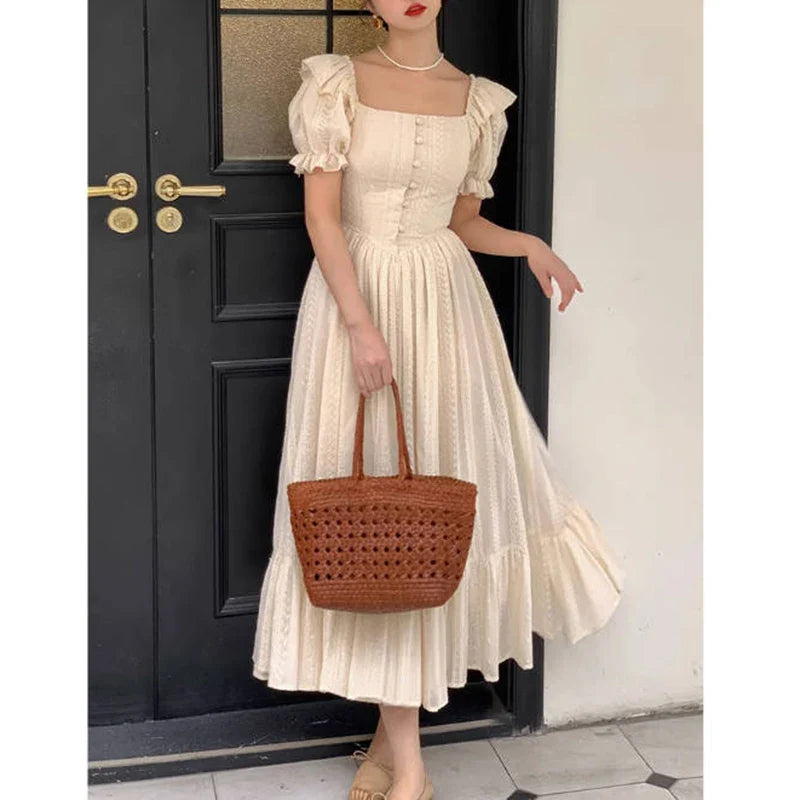 Elegant Square Collar White Dress Summer Fashion Puff Sleeve Ruffle Dress for Women 2024 Chic Vintage Maxi Dresses 2024  New