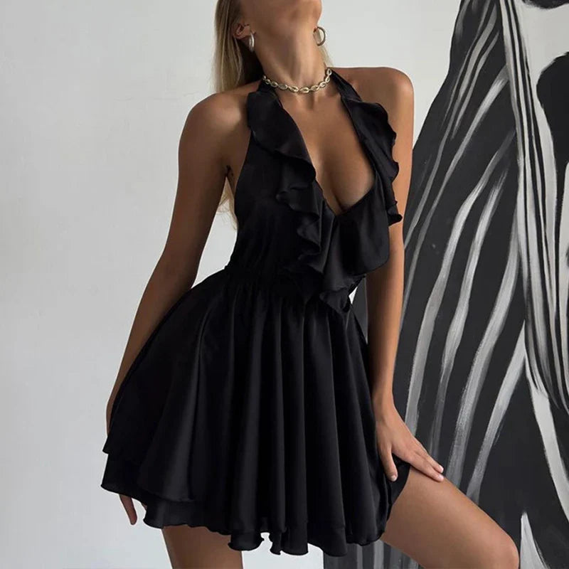 vmtvr 2024 Spring Deep V-neck Lace Up Halter Dress Women Sexy Backless Hollow A-Line Party Dress Summer Solid Ruffle Mini Short Dress